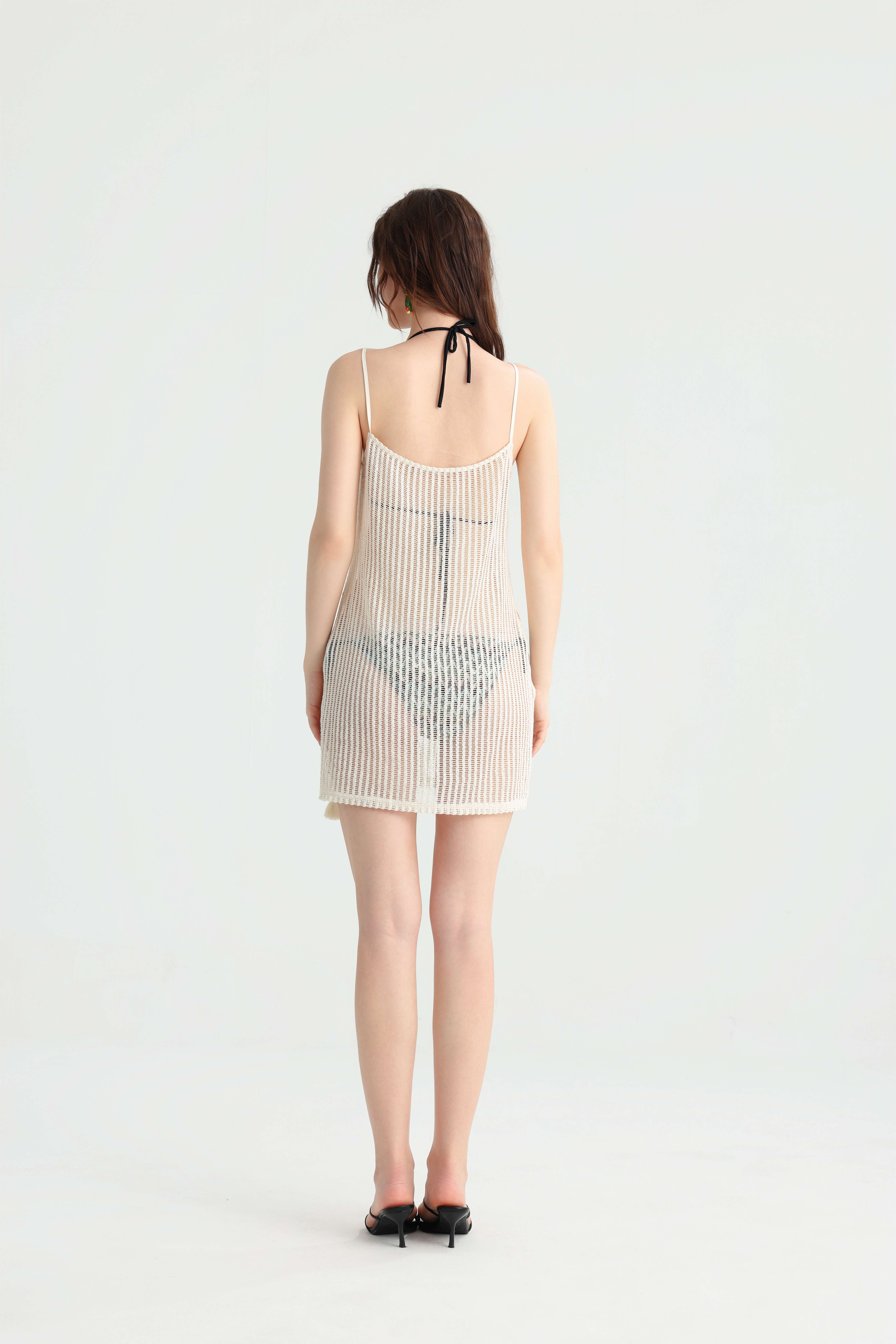 Bohemian Sheer Knit Strap Beach Cover-Up, Off-White V-Neck Tassel Hem Mini Dress, Summer Island Bikini Outerwear Vacation Dress. - Image 8