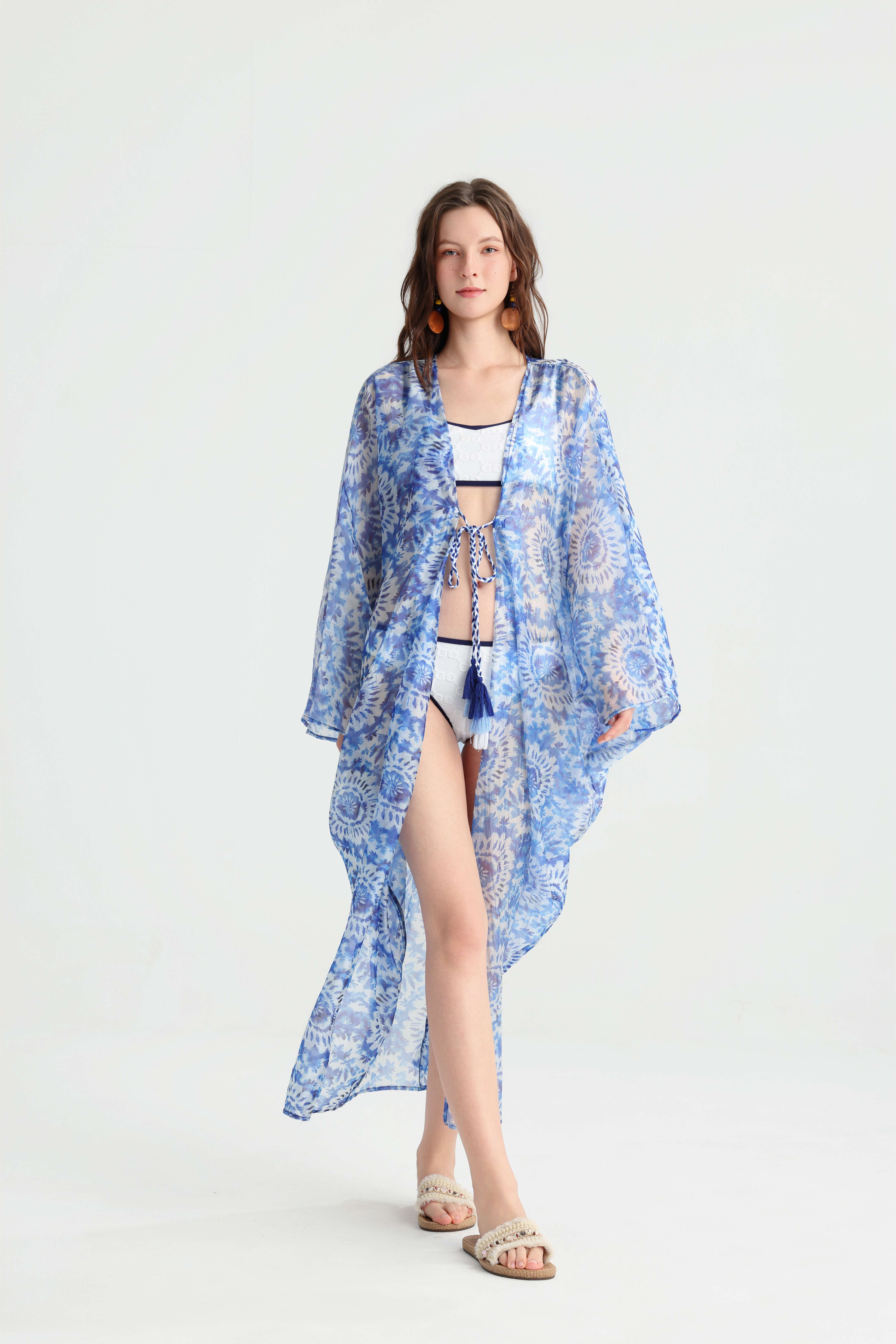 Designer Lightweight Sheer Beach Sunscreen Kimono, Blue Mandala Print Open Front Wrap, Summer Seaside Vacation Versatile Outerwear Cover-Up. - Image 2