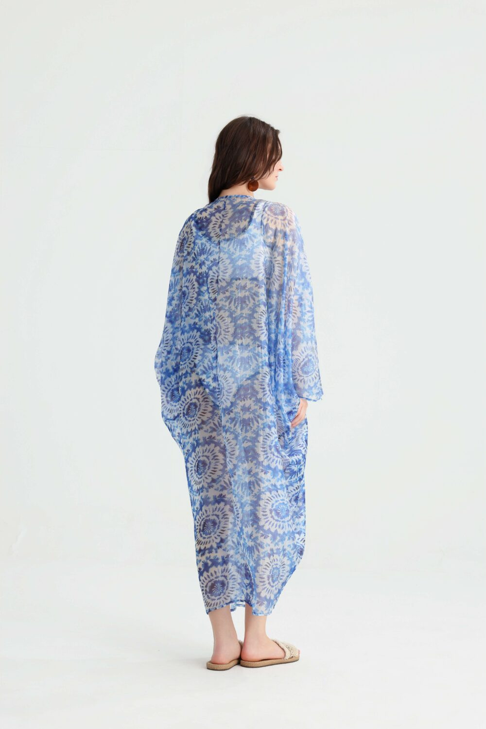 Back view of the blue tie-dye sunflower beach kimono cover-up