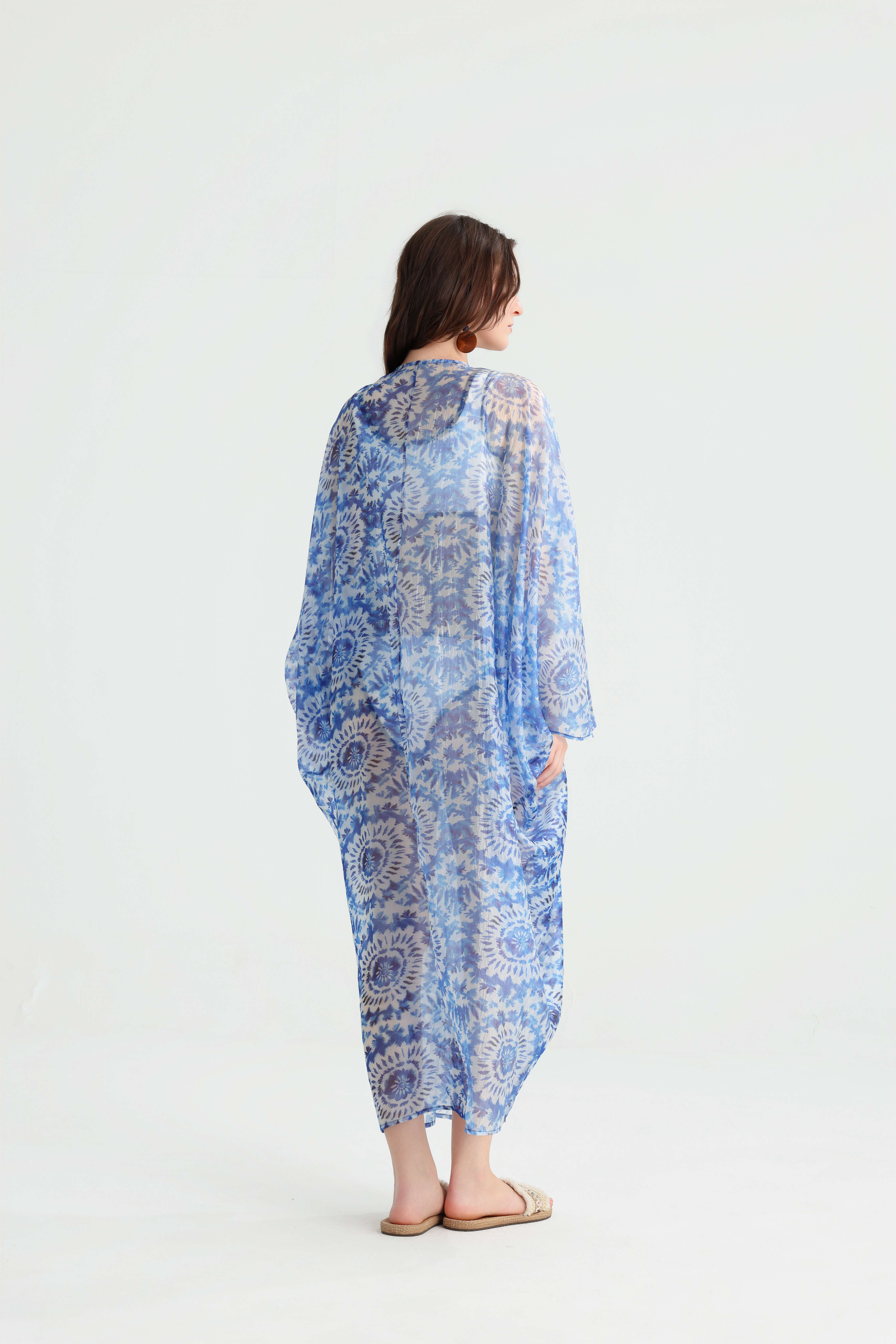 Designer Lightweight Sheer Beach Sunscreen Kimono, Blue Mandala Print Open Front Wrap, Summer Seaside Vacation Versatile Outerwear Cover-Up. - Image 3