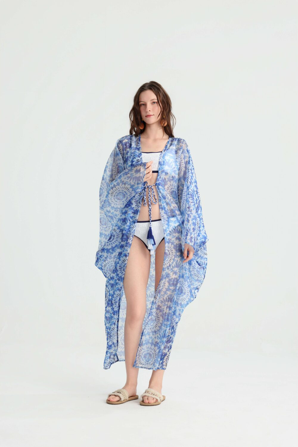Blue mandala beach kimono with tassel front tie