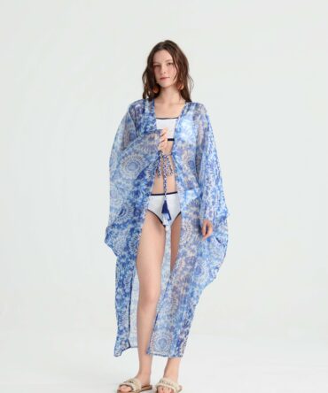 Designer Lightweight Sheer Beach Sunscreen Kimono, Blue Mandala Print Open Front Wrap, Summer Seaside Vacation Versatile Outerwear Cover-Up.