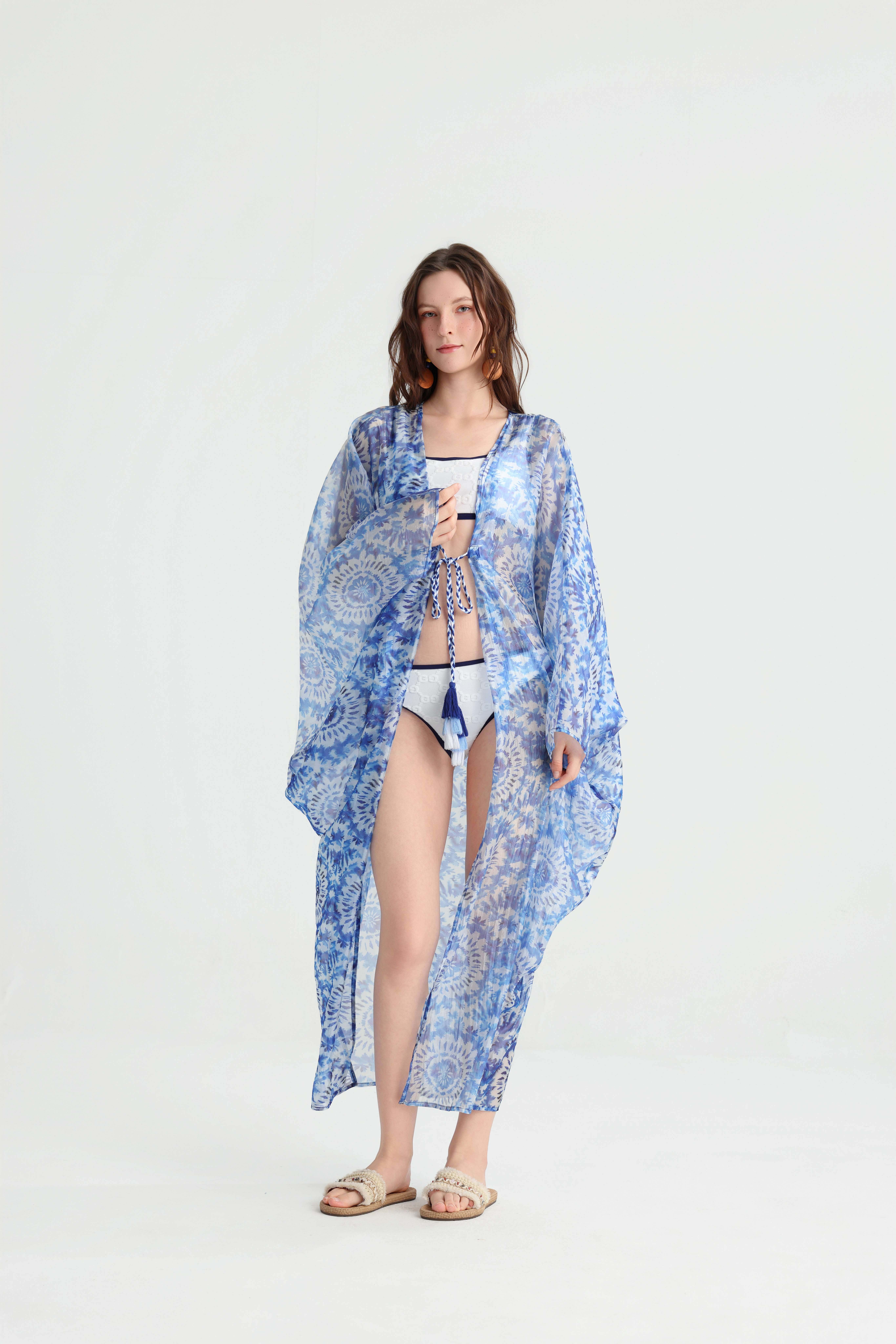 Designer Lightweight Sheer Beach Sunscreen Kimono, Blue Mandala Print Open Front Wrap, Summer Seaside Vacation Versatile Outerwear Cover-Up.