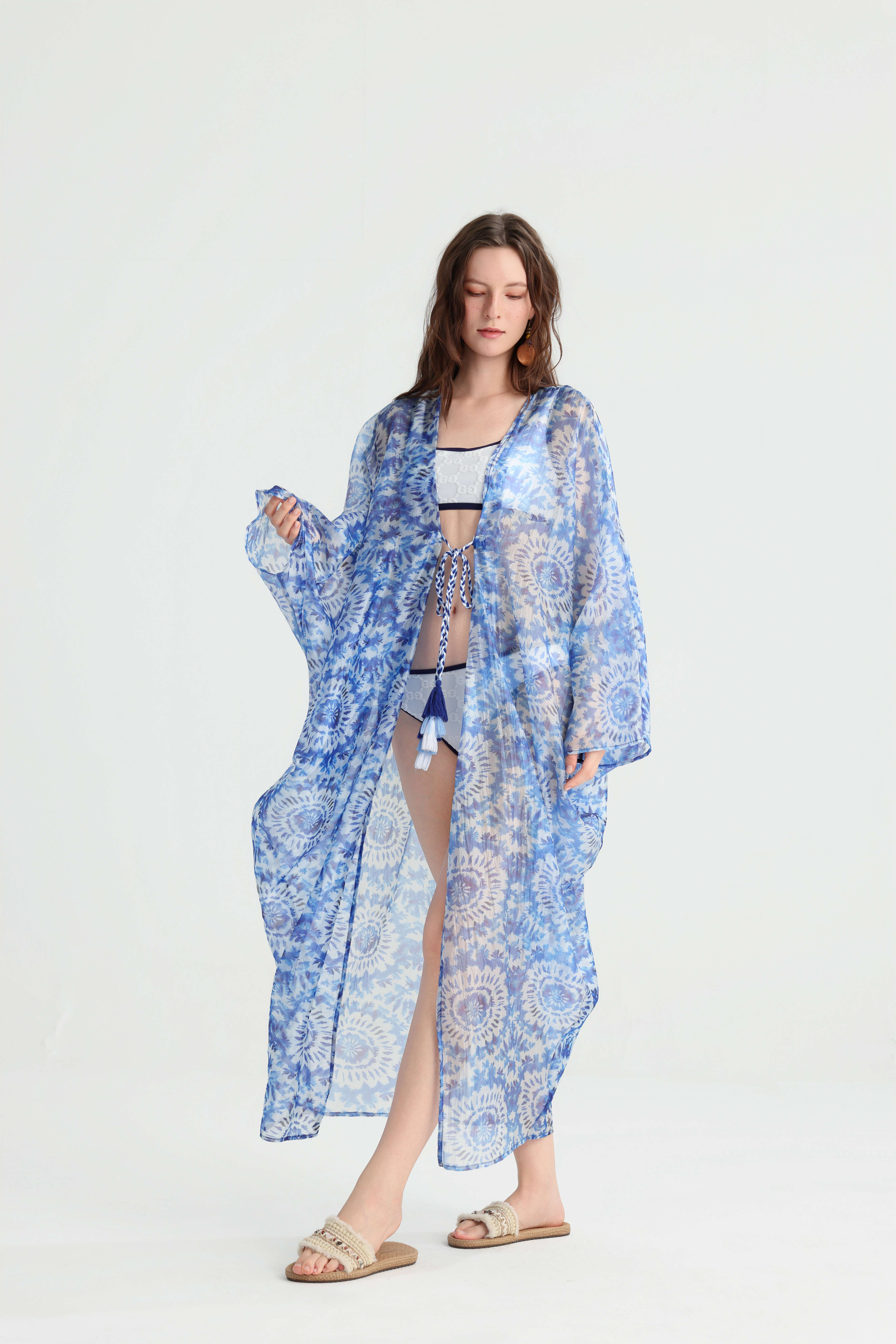 Designer Lightweight Sheer Beach Sunscreen Kimono, Blue Mandala Print Open Front Wrap, Summer Seaside Vacation Versatile Outerwear Cover-Up. - Image 5