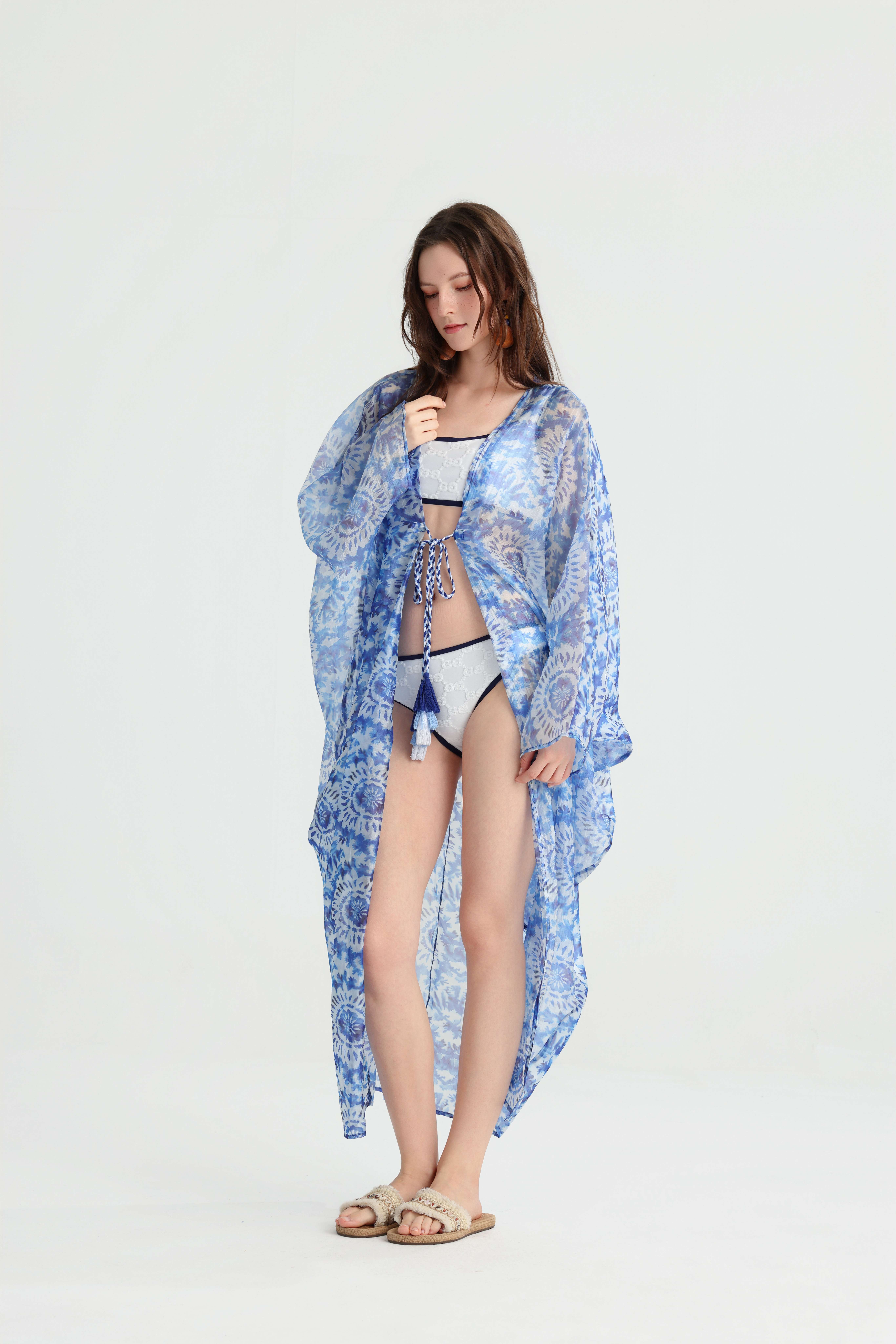 Designer Lightweight Sheer Beach Sunscreen Kimono, Blue Mandala Print Open Front Wrap, Summer Seaside Vacation Versatile Outerwear Cover-Up. - Image 6