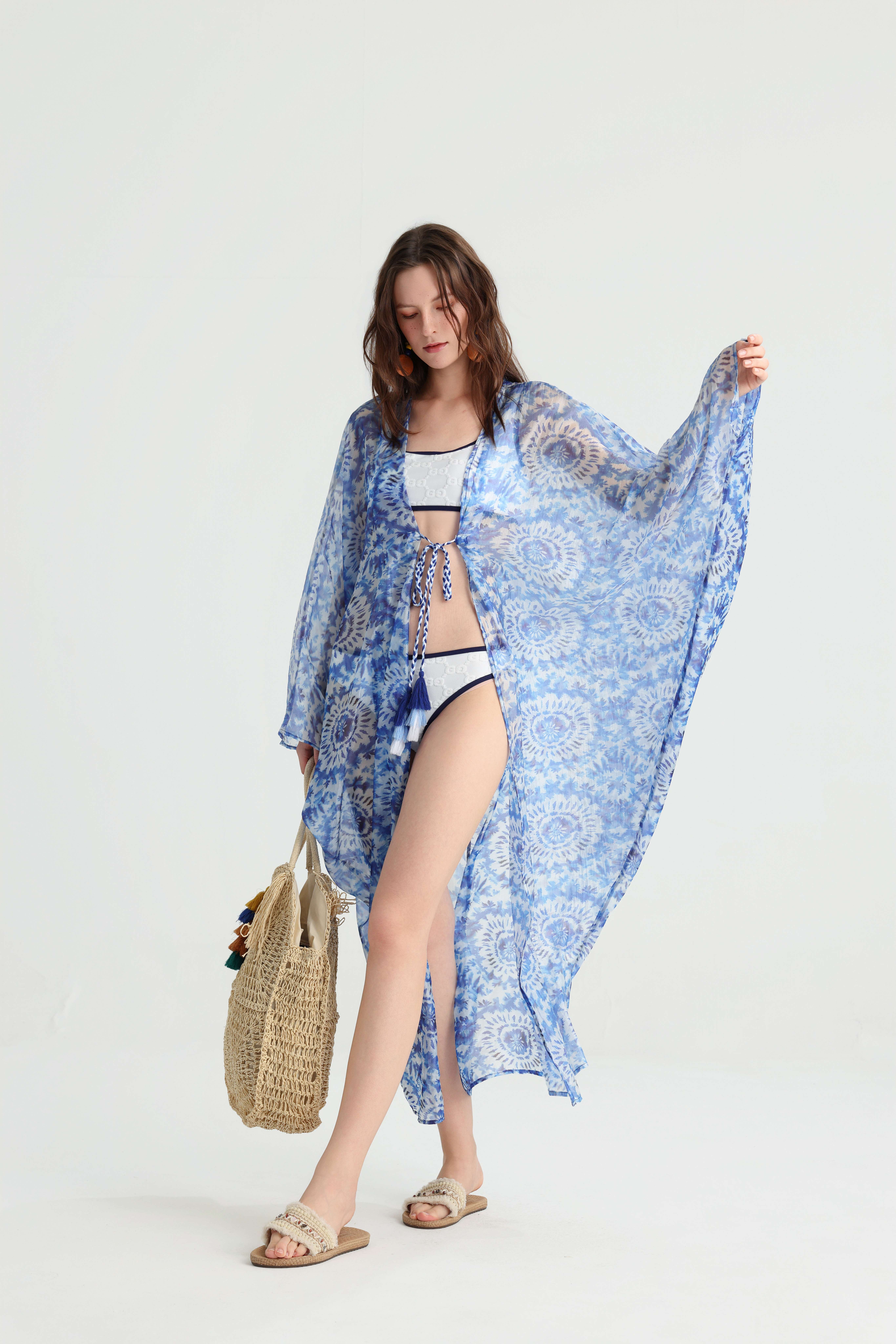Designer Lightweight Sheer Beach Sunscreen Kimono, Blue Mandala Print Open Front Wrap, Summer Seaside Vacation Versatile Outerwear Cover-Up. - Image 7