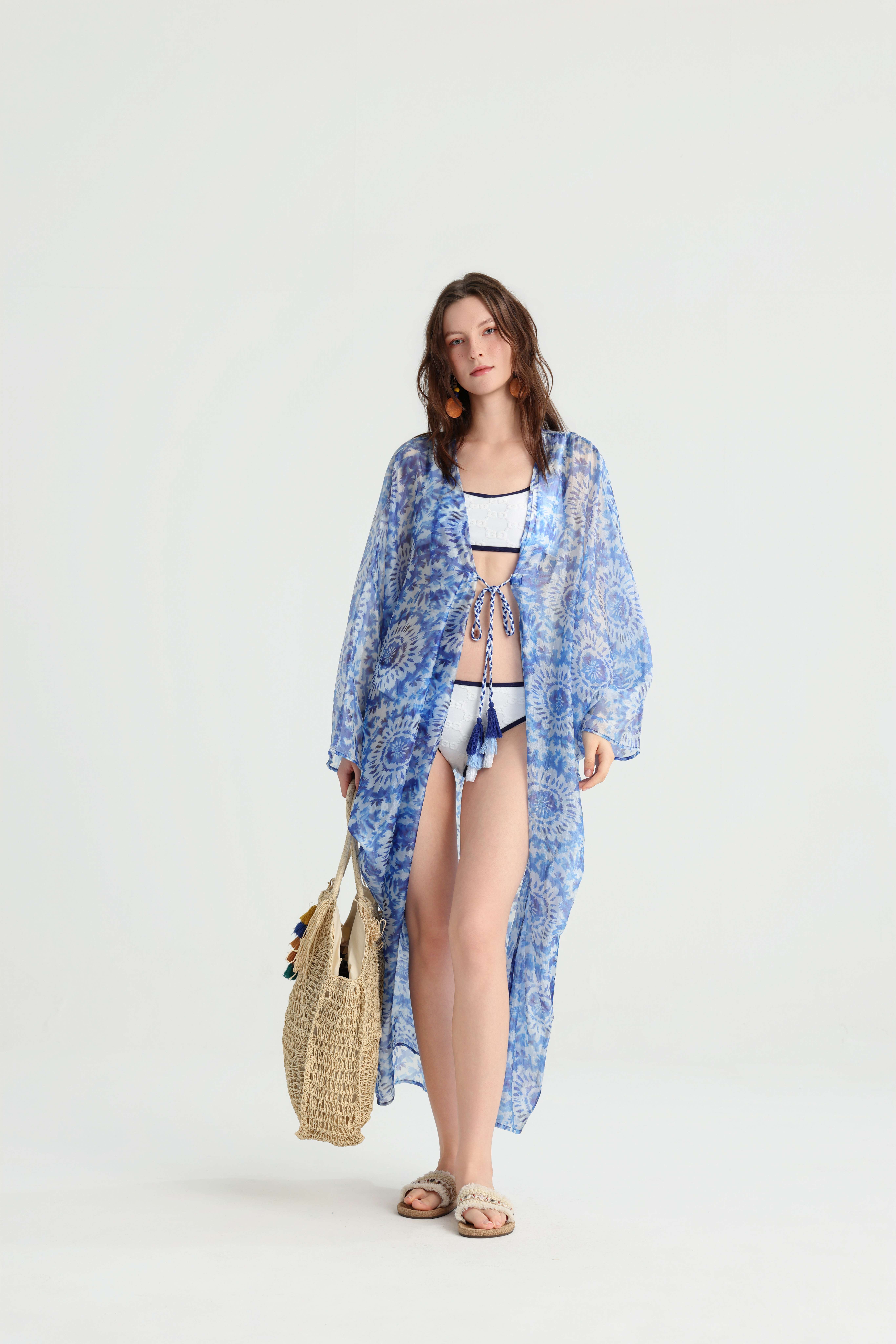 Designer Lightweight Sheer Beach Sunscreen Kimono, Blue Mandala Print Open Front Wrap, Summer Seaside Vacation Versatile Outerwear Cover-Up. - Image 10
