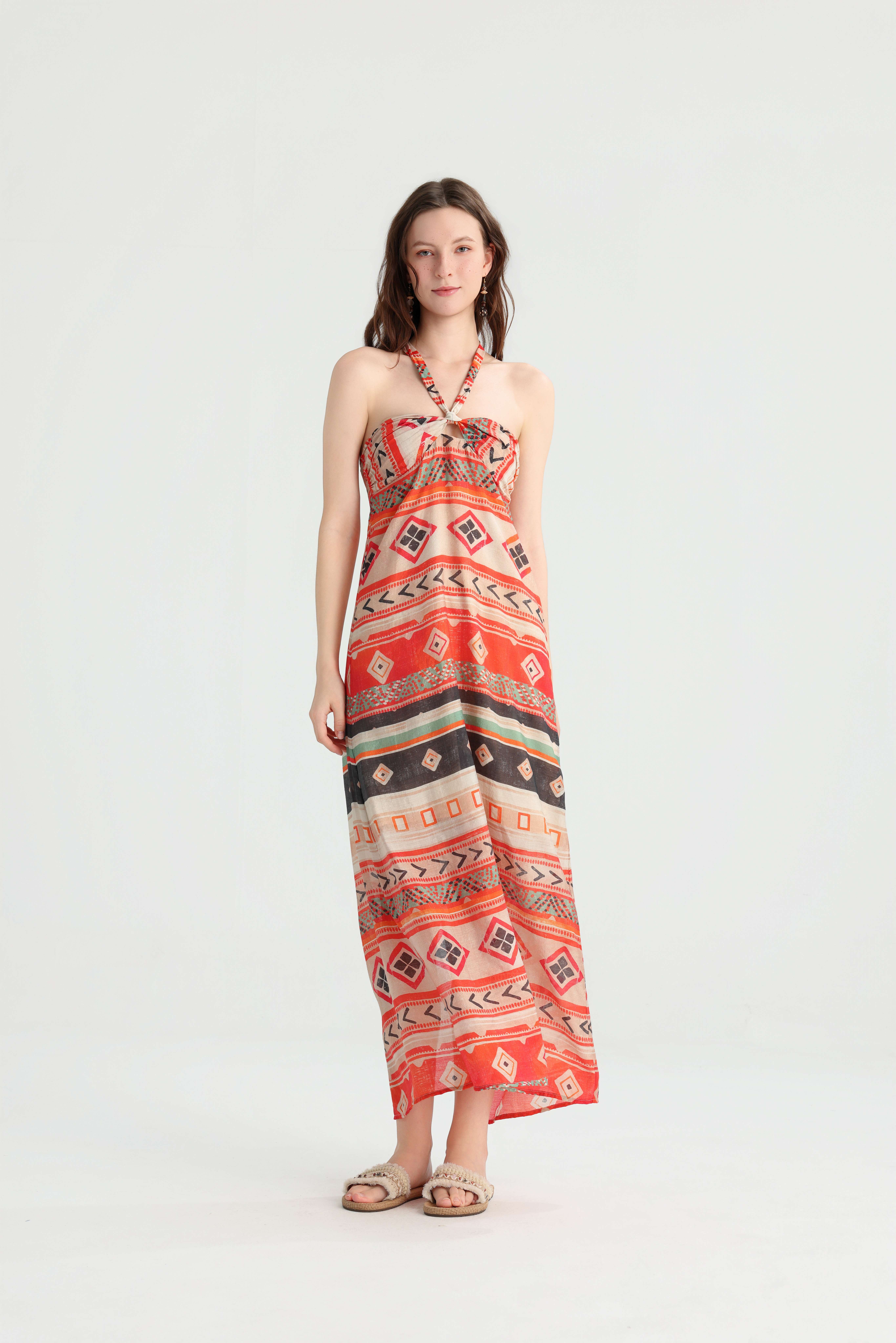 Bohemian Ethnic Print Halter Maxi Dress, Geometric Pattern Vacation Resort Wear, Summer Island Beach Versatile Fairy Dress. - Image 4