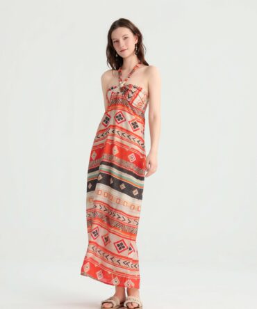 Bohemian Ethnic Print Halter Maxi Dress, Geometric Pattern Vacation Resort Wear, Summer Island Beach Versatile Fairy Dress.