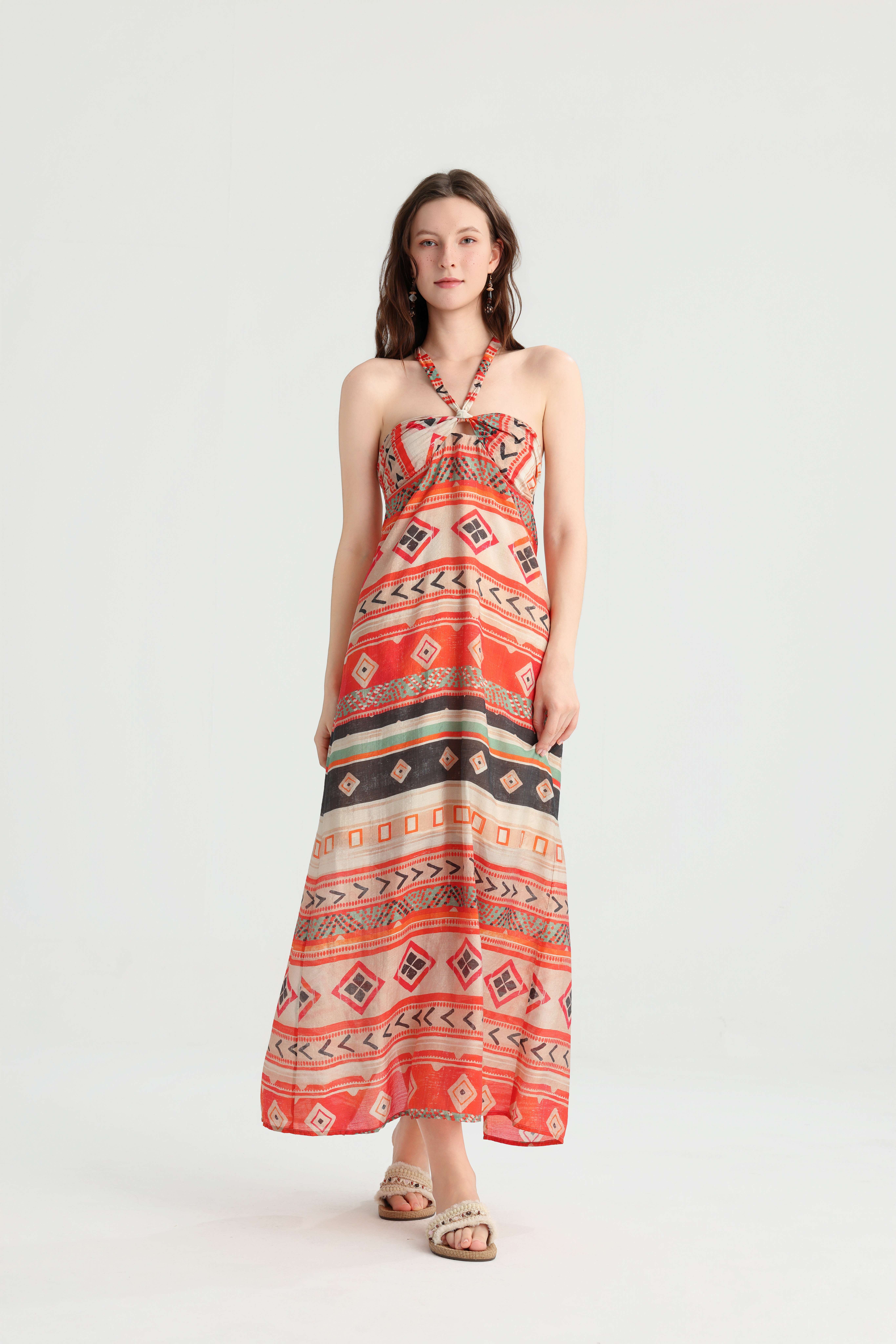 Bohemian Ethnic Print Halter Maxi Dress, Geometric Pattern Vacation Resort Wear, Summer Island Beach Versatile Fairy Dress. - Image 6