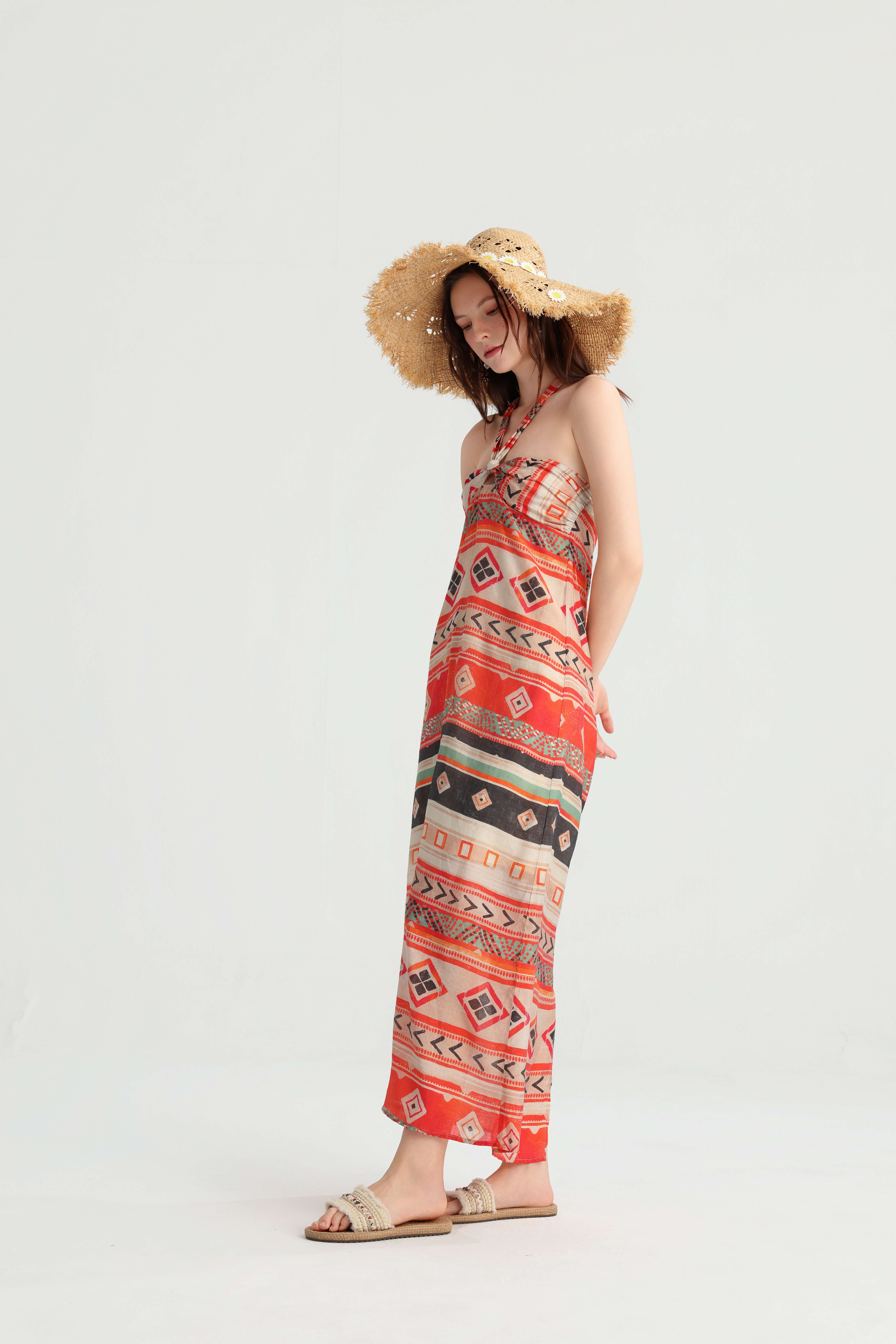 Bohemian Ethnic Print Halter Maxi Dress, Geometric Pattern Vacation Resort Wear, Summer Island Beach Versatile Fairy Dress. - Image 7