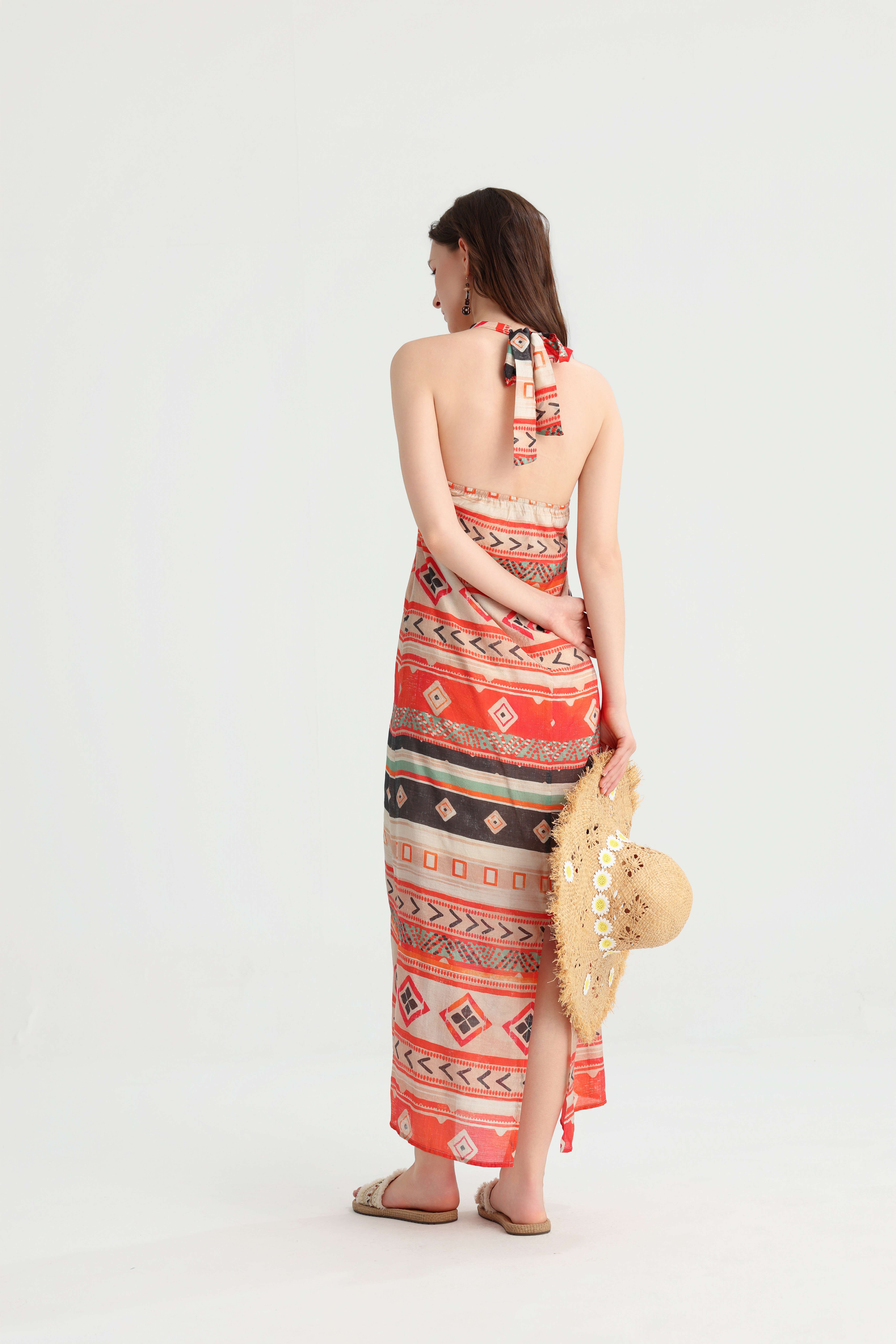 Bohemian Ethnic Print Halter Maxi Dress, Geometric Pattern Vacation Resort Wear, Summer Island Beach Versatile Fairy Dress. - Image 9