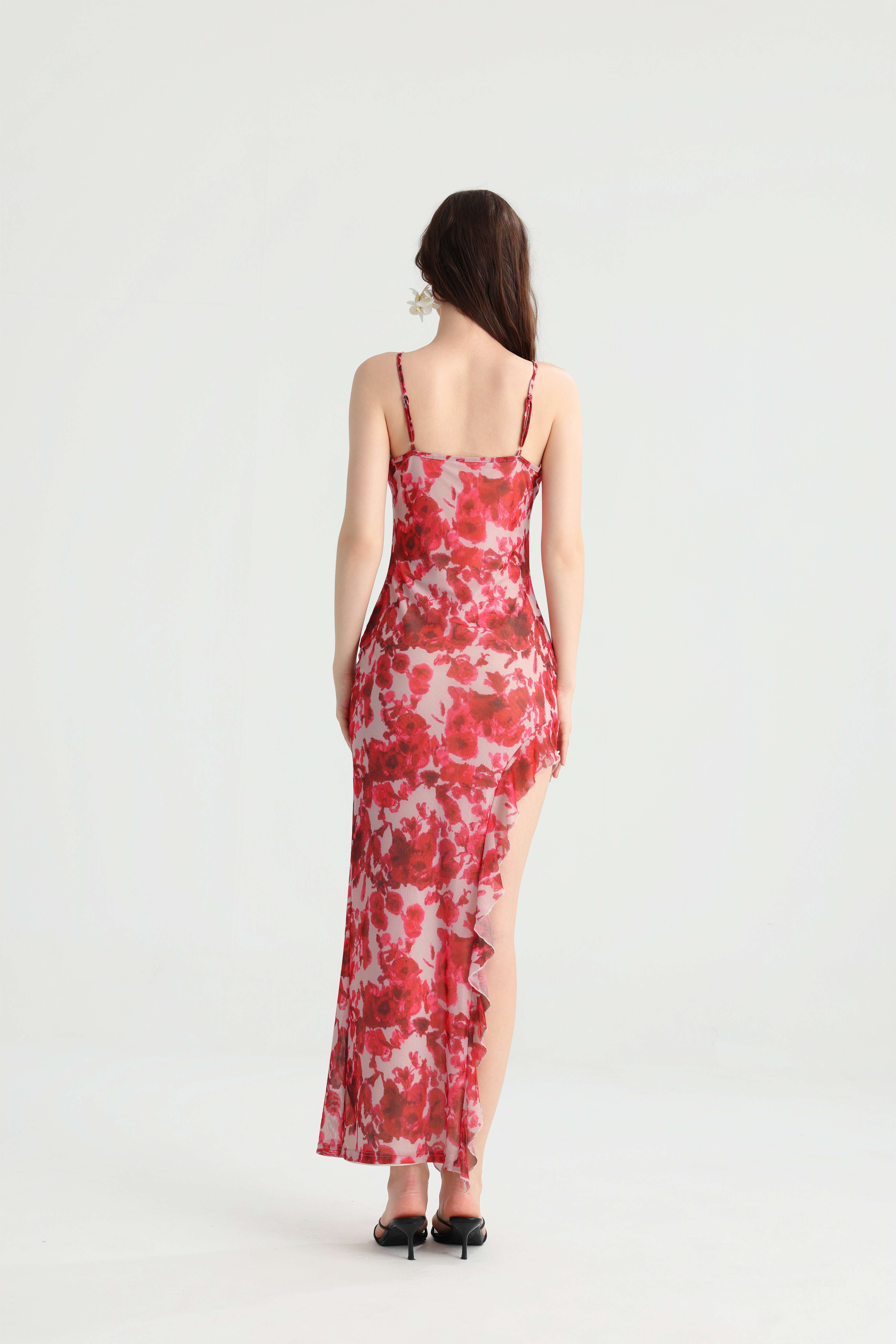 Stunning Skin-Brightening Red Rose Print Maxi! High Slit Ruffled Hem Super Leg-Lengthening, Island Vacation Photo Atmosphere Goddess Dress. - Image 6