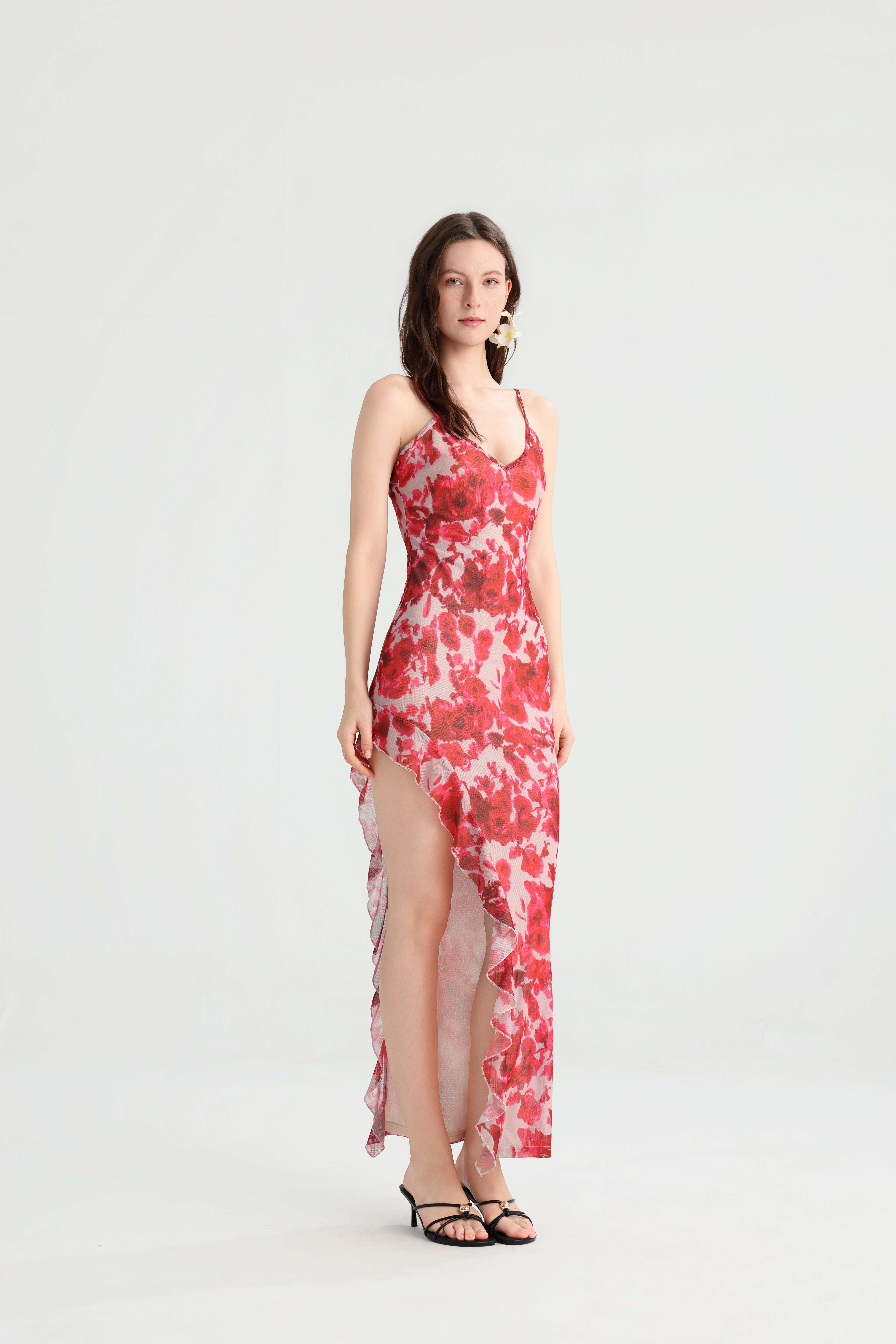 Stunning Skin-Brightening Red Rose Print Maxi! High Slit Ruffled Hem Super Leg-Lengthening, Island Vacation Photo Atmosphere Goddess Dress. - Image 7