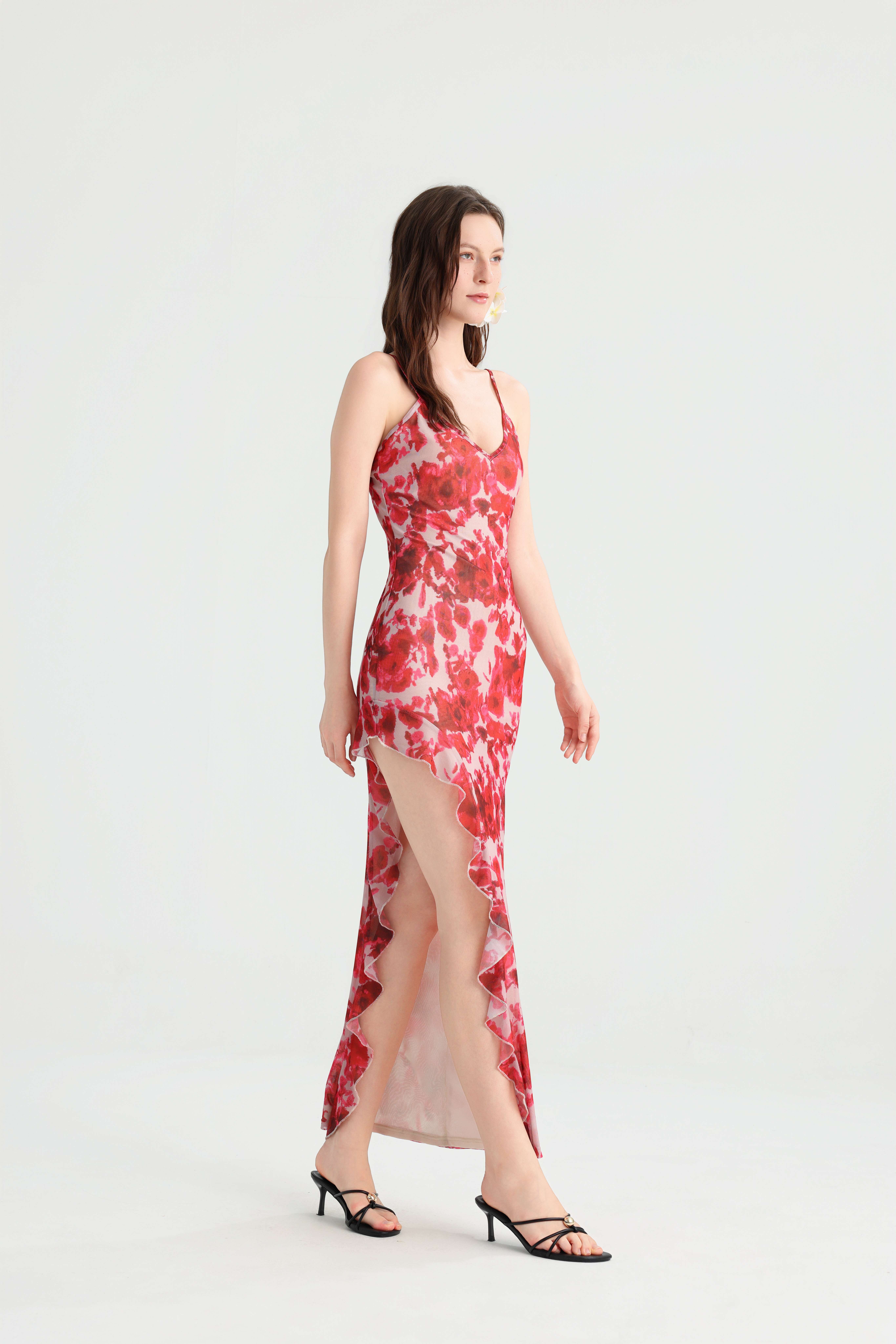 Stunning Skin-Brightening Red Rose Print Maxi! High Slit Ruffled Hem Super Leg-Lengthening, Island Vacation Photo Atmosphere Goddess Dress. - Image 10