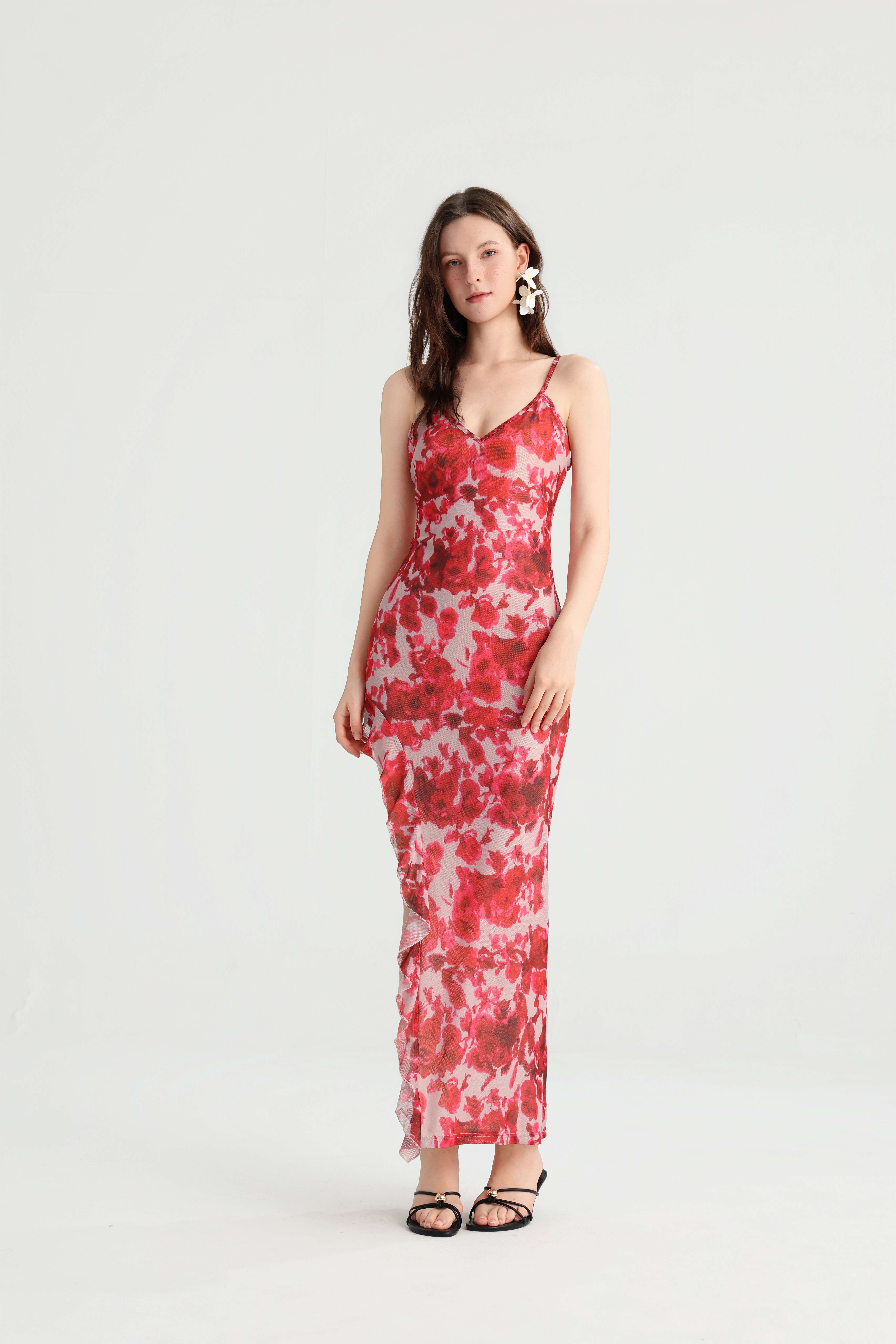 Stunning Skin-Brightening Red Rose Print Maxi! High Slit Ruffled Hem Super Leg-Lengthening, Island Vacation Photo Atmosphere Goddess Dress. - Image 3
