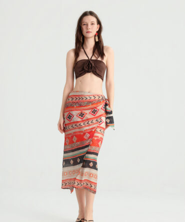Designer Ethnic Geometric Striped Midi Skirt, Earth Tone Wrap Design Long Skirt, Summer Retro Niche Vacation Outfit.