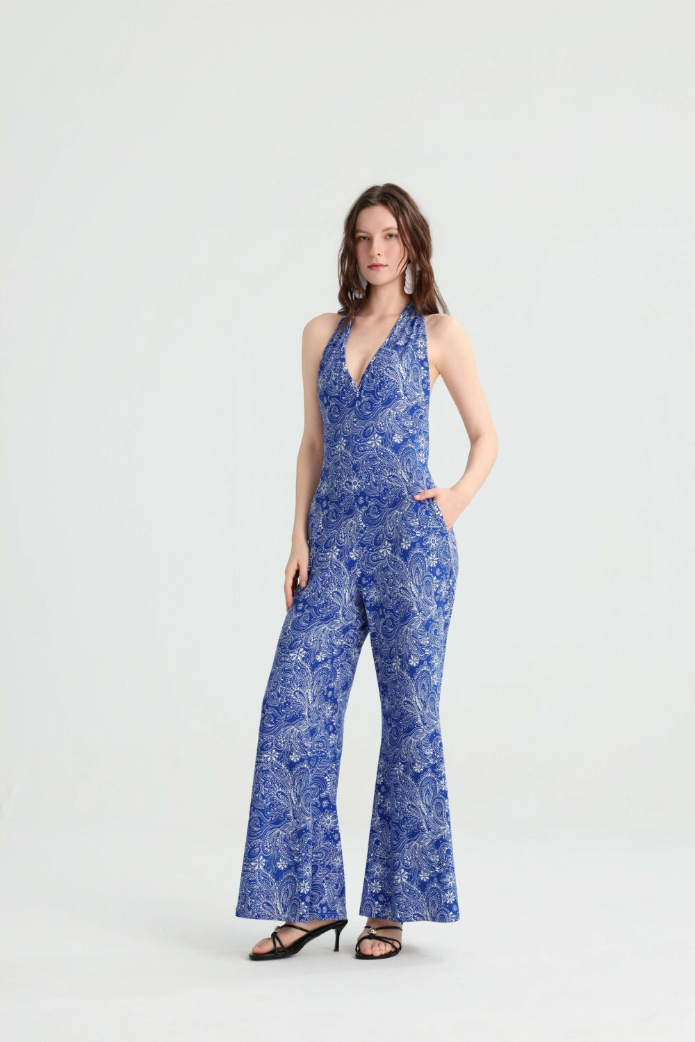 Blue paisley halter jumpsuit with wide legs