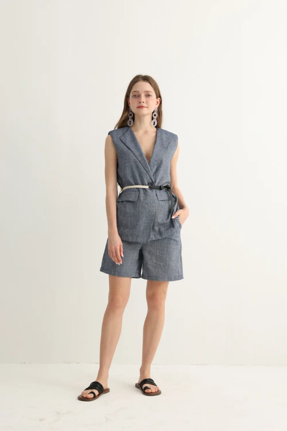 Blue-Sleeveless-Vest-Matching-Tailored-Shorts-01.webp Blue Vest and Shorts Set - Image 1