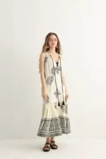 Cream Embroidered Maxi Dress with Tassels