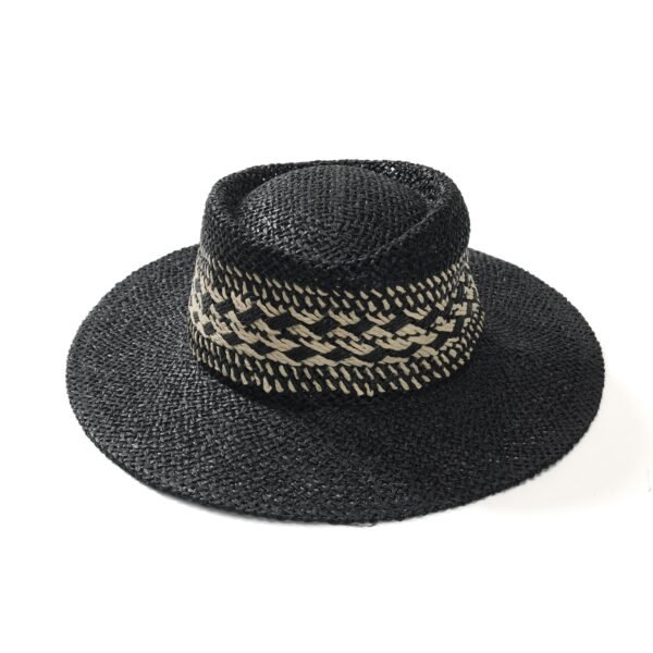 Retro Casual Black Woven Flat-Top Hat, Geometric Pattern Ribbon Designer Straw Hat, Summer Outdoor Camping Sun Hat, Unisex Versatile Fashion Hat.