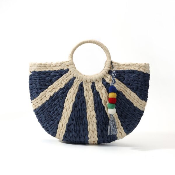 Navy Radial Striped Round Handle Woven Bag, Colorful Contrast Tassel Accent Vacation Straw Bag, Beach Travel Versatile Half-Moon Tote.