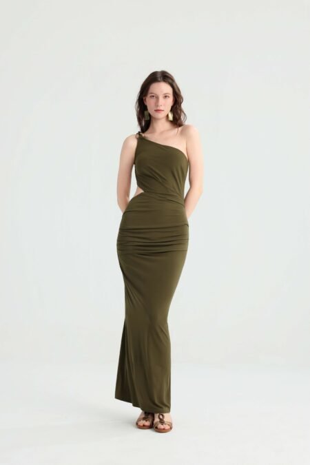 Designer One-Shoulder Side Cutout Ruched Maxi Dress, Metal Buckle Detail Slimming Gown, Summer Premium Niche Vacation Basic.