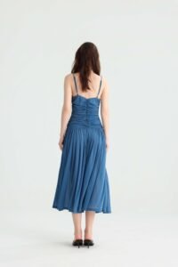 Dusty Blue Ruched Midi Dress with Deep V-Neck - Image 2