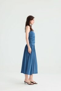 Dusty Blue Ruched Midi Dress with Deep V-Neck - Image 3