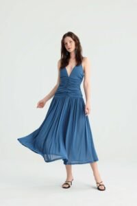 Dusty Blue Ruched Midi Dress with Deep V-Neck - Image 4