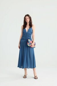 Dusty Blue Ruched Midi Dress with Deep V-Neck - Image 5