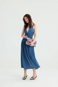 Dusty Blue Ruched Midi Dress with Deep V-Neck - Image 6