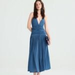 Dusty Blue Ruched Midi Dress with Deep V-Neck