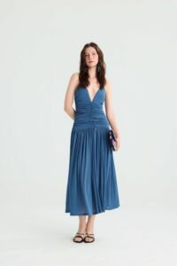Dusty Blue Ruched Midi Dress with Deep V-Neck