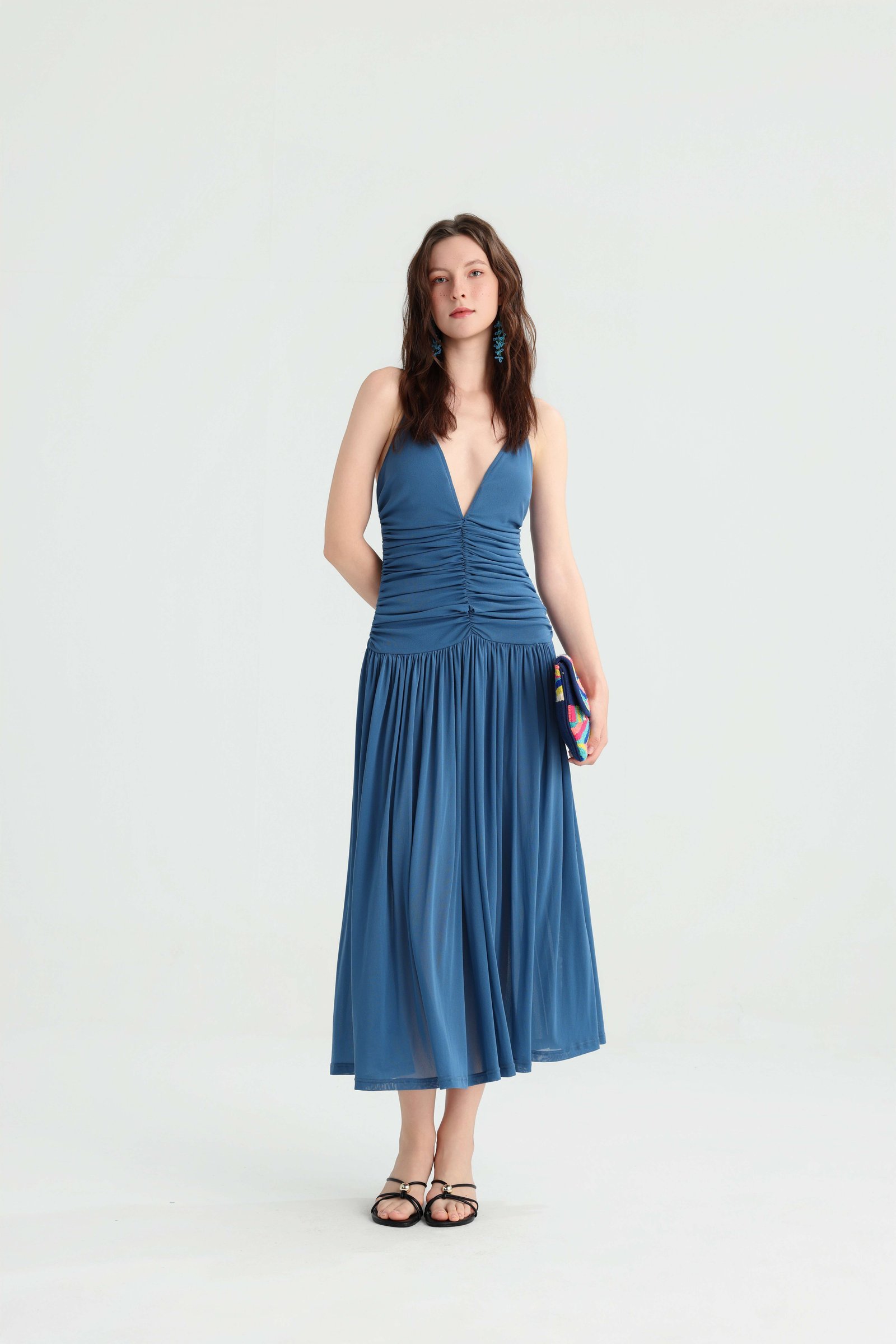 FT625965.jpg Dusty Blue Ruched Midi Dress with Deep V-Neck - Image 1