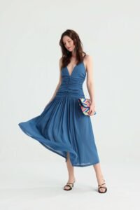 Dusty Blue Ruched Midi Dress with Deep V-Neck - Image 8