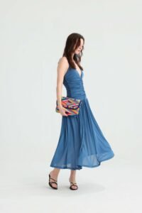 Dusty Blue Ruched Midi Dress with Deep V-Neck - Image 9