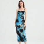 Blue Tie-Dye Slip Midi Dress with Lace Trim