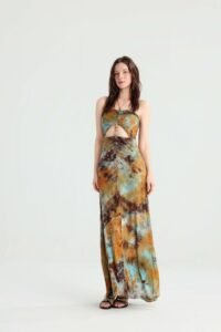 Tie-Dye Strapless Maxi Dress with Gold Beads