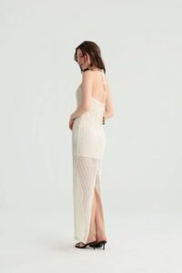 Off-White Knit Maxi Dress with Halter Neck - Image 3