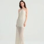 Off-White Knit Maxi Dress with Halter Neck