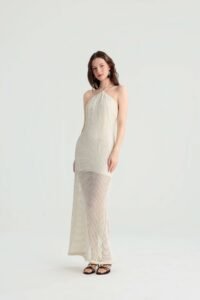 Off-White Knit Maxi Dress with Halter Neck