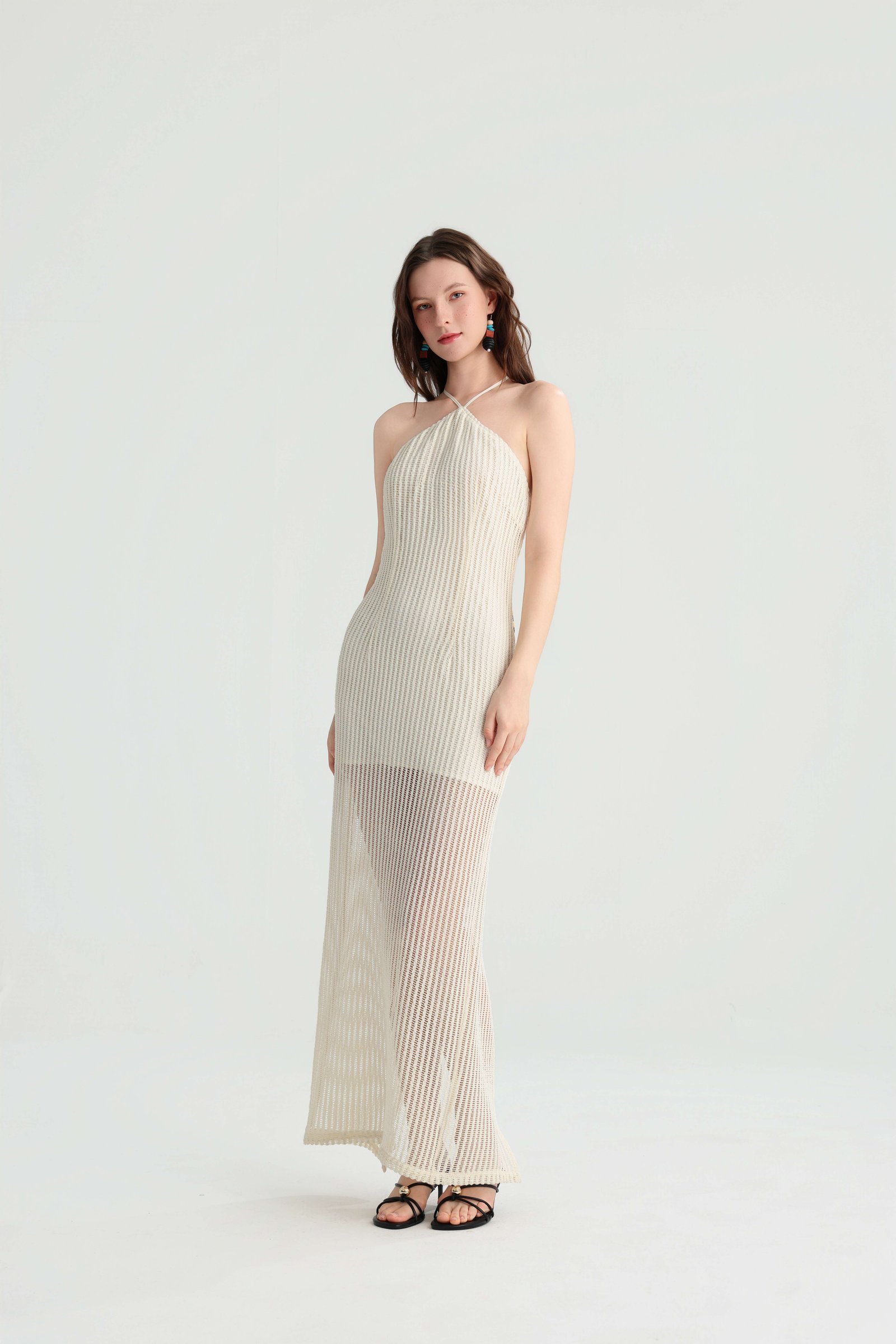 FT626140.jpg Off-White Knit Maxi Dress with Halter Neck - Image 1