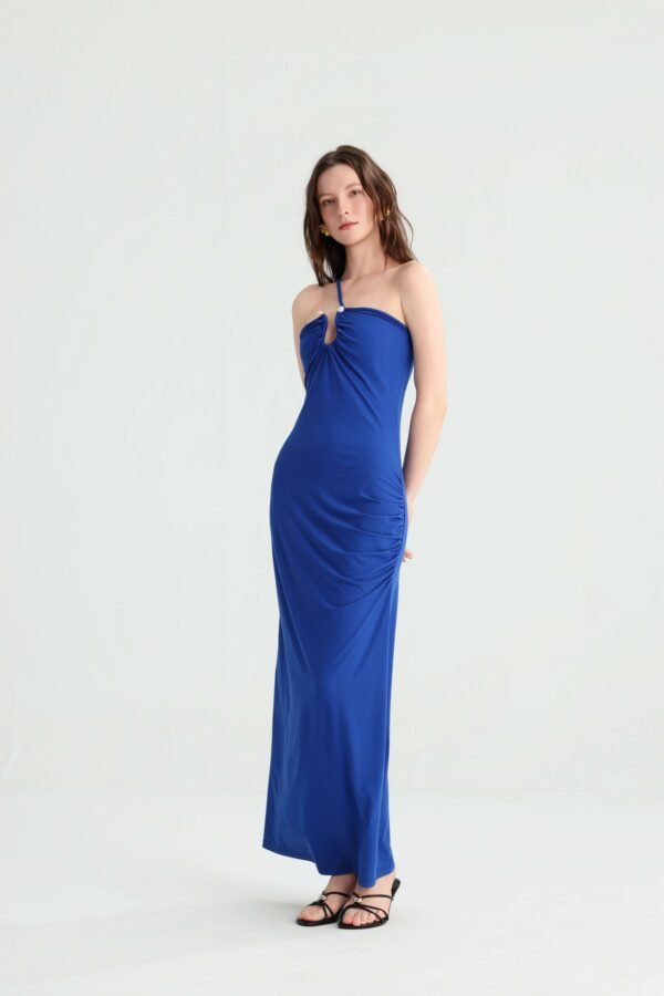 New Royal Blue Halter Long Dress, Women's Summer Slimming Fitted Vacation Maxi, Seaside Travel Versatile Solid Off-Shoulder Dress.