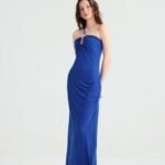 New Royal Blue Halter Long Dress, Women's Summer Slimming Fitted Vacation Maxi, Seaside Travel Versatile Solid Off-Shoulder Dress.