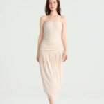 Cream Strapless Ruched Midi Dress with Asymmetric Hem