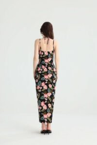 Black Tropical Floral Maxi Dress with Twist Front - Image 2