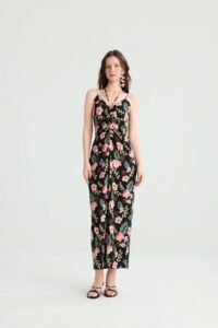 Black Tropical Floral Maxi Dress with Twist Front