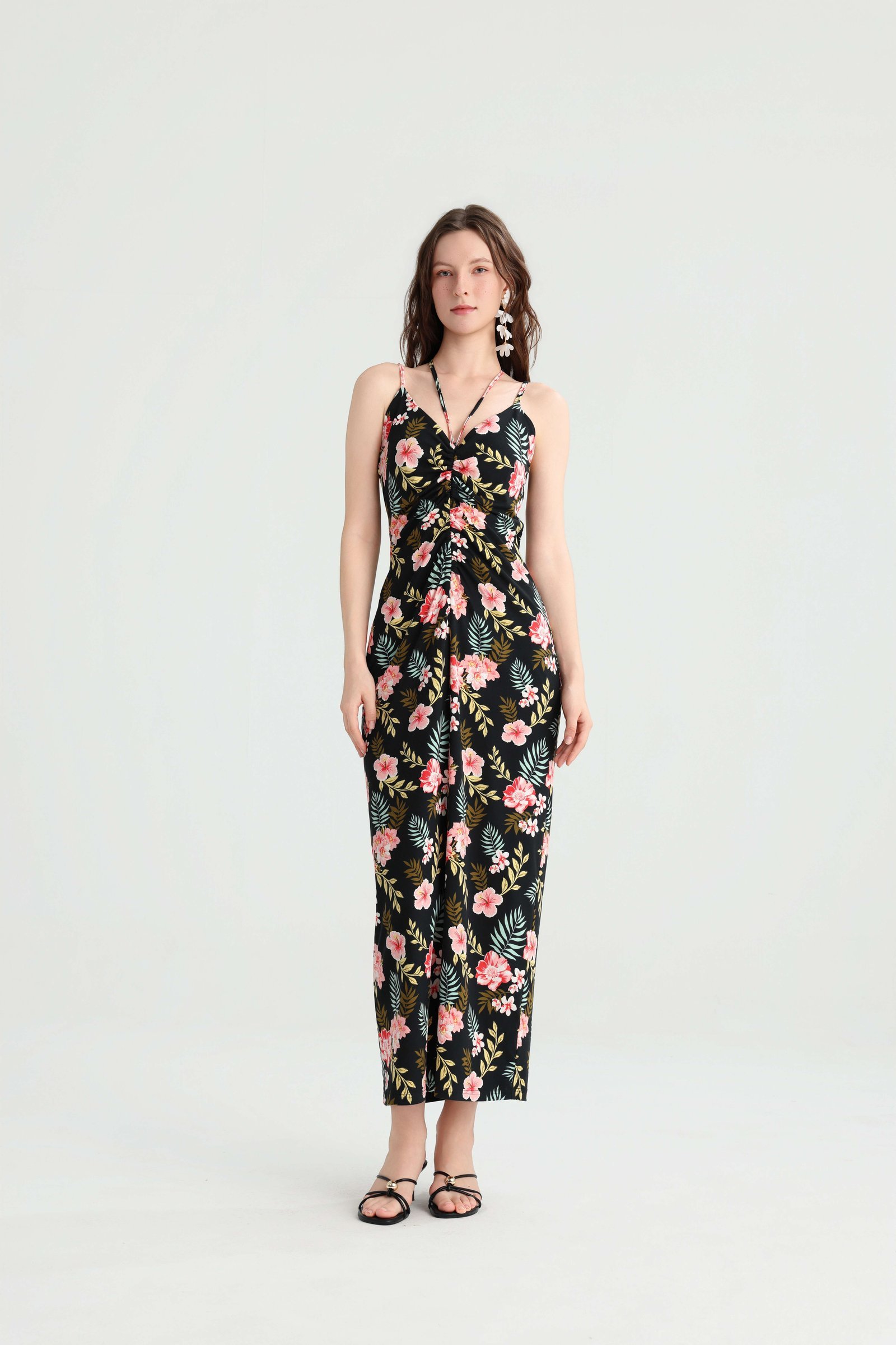 FT626335.jpg Black Tropical Floral Maxi Dress with Twist Front - Image 1