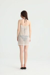 Bohemian Sheer Knit Strap Beach Cover-Up, Off-White V-Neck Tassel Hem Mini Dress, Summer Island Bikini Outerwear Vacation Dress. - Image 8